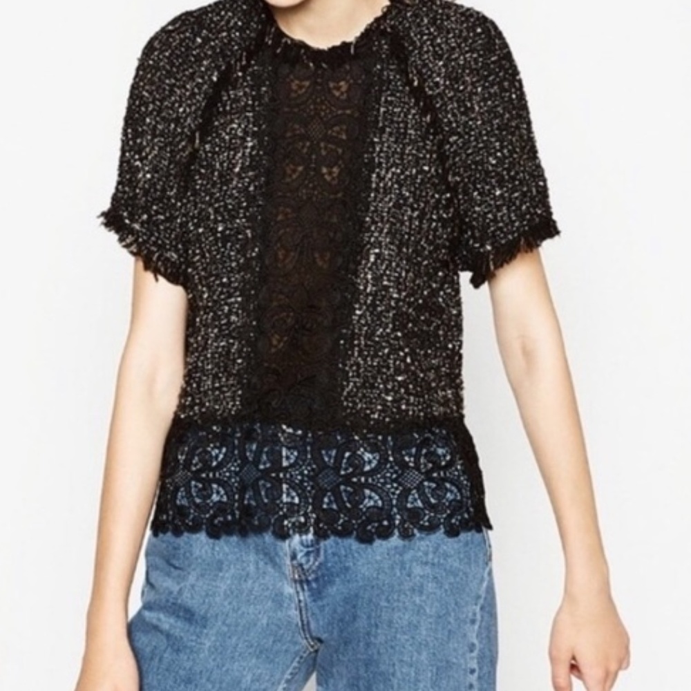 Zara black lace front tweed fringe top